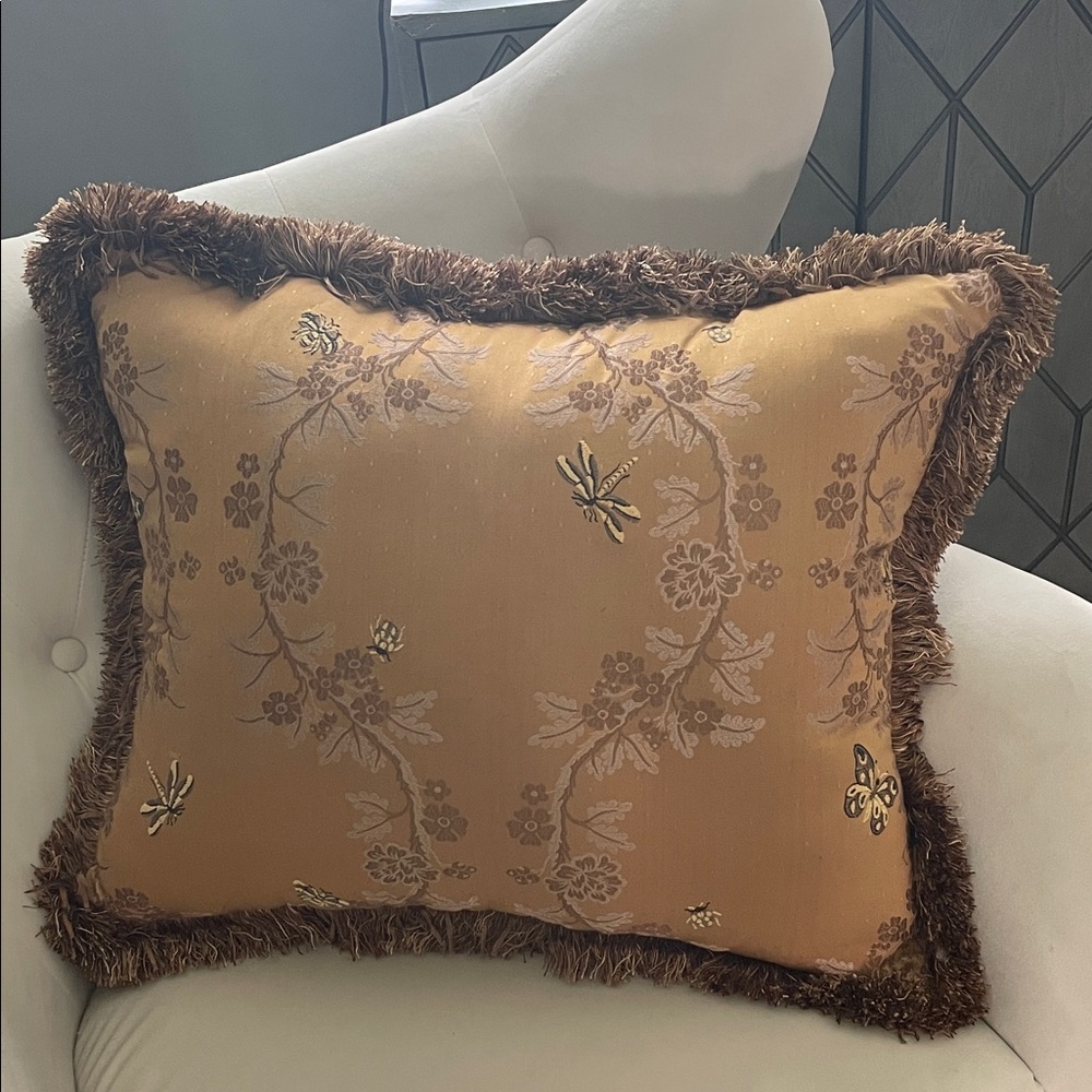 Golden Floral Accent Pillow with Brown Fringe